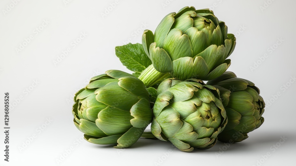 This image features a beautiful arrangement of fresh artichokes, showcasing their unique shapes and vibrant green color against a stark white background. This image features a beautiful arrangement of fresh artichokes, showcasing their unique shapes and vibrant green color against a stark white background.