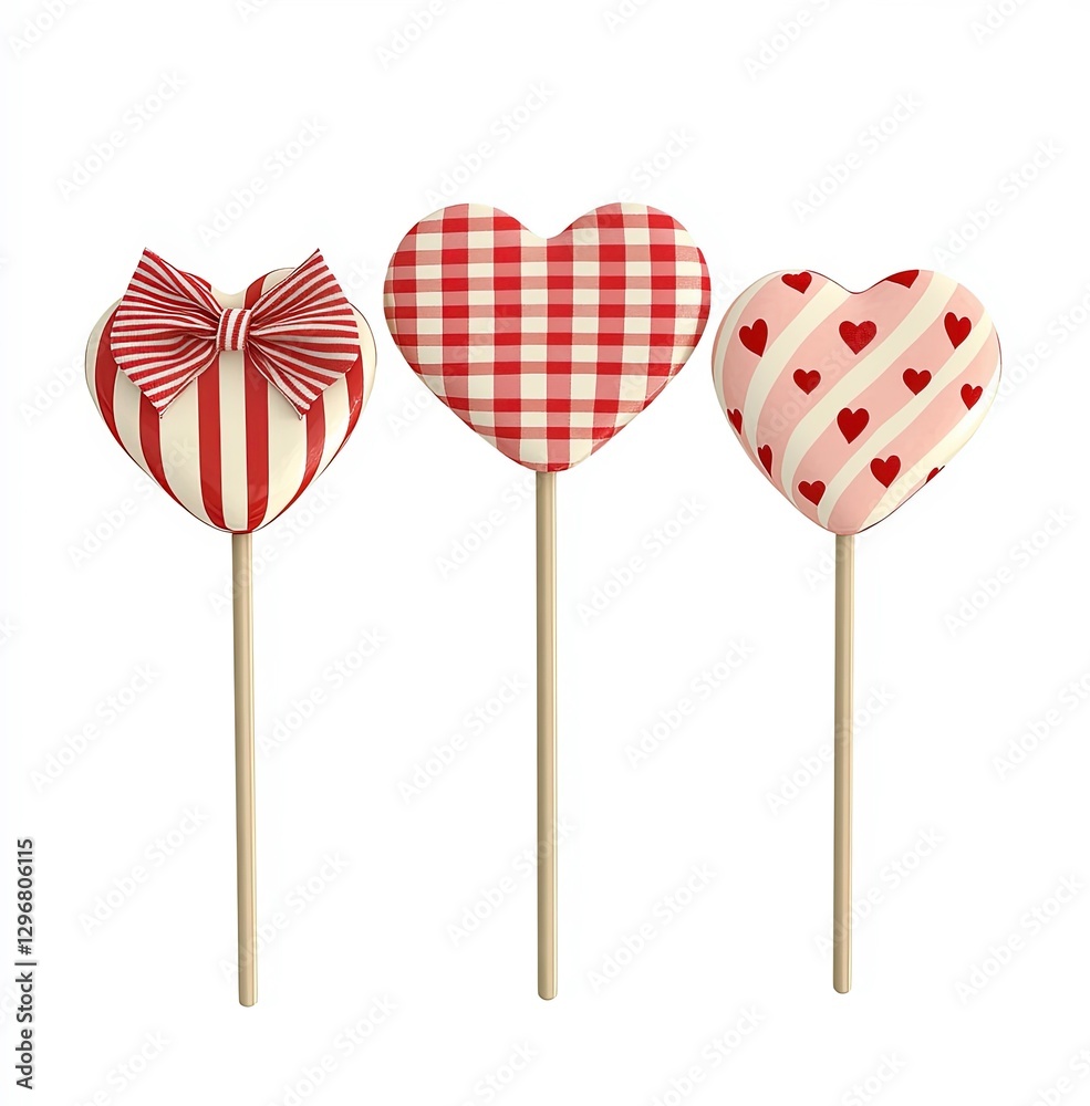 Heart-shaped lollipops with various patterns displayed on wooden sticks Heart-shaped lollipops with various patterns displayed on wooden sticks