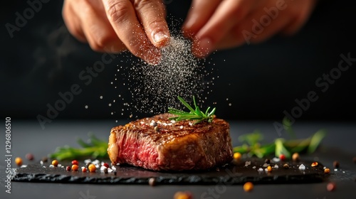 A chef expertly seasons a perfectly cooked steak with salt, capturing the culinary art and attention to detail as the flavor enhancements unfold dramatically. photo