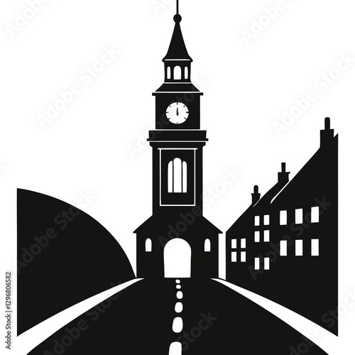 silhouette vector of tower on the street with clock