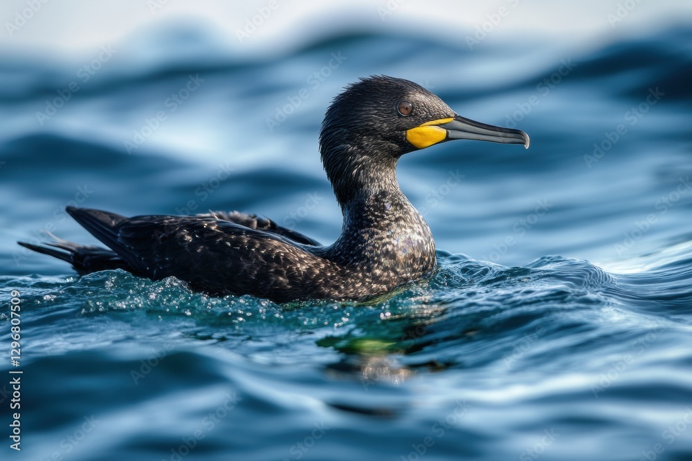 Rainbow sheen from oil spill on ocean surface with seabird struggling to stay afloat. Generative AI Rainbow sheen from oil spill on ocean surface with seabird struggling to stay afloat. Generative AI