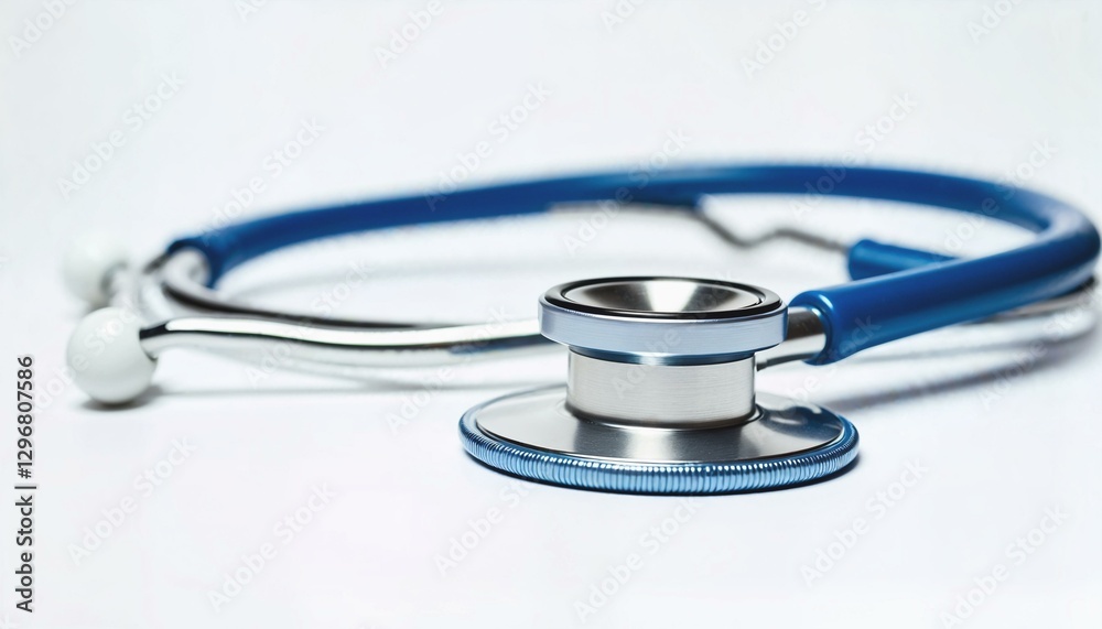Close-up view of a blue stethoscope with silver diaphragm on white surface Close-up view of a blue stethoscope with silver diaphragm on white surface
