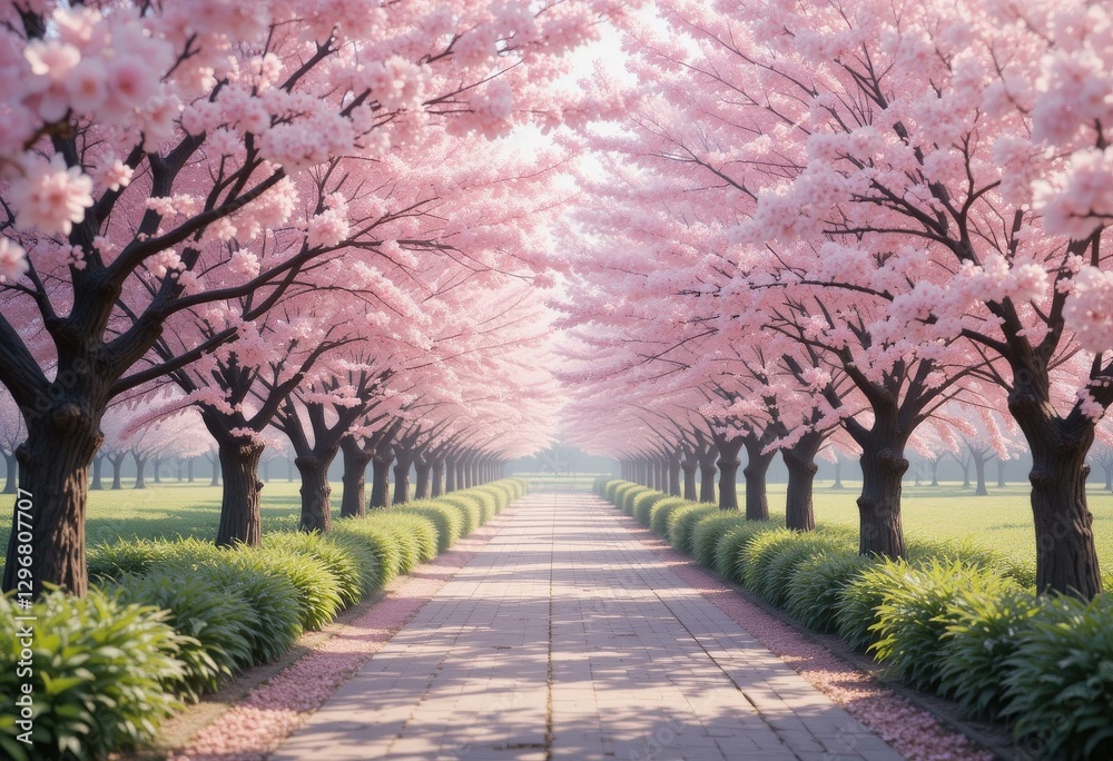 Serene Pathway Lined Vibrant Cherry Blossom Trees Spring - Soft Pink Blooms Lush Green Grass Spring-themed Marketing Wellness Materials Serene Pathway Lined Vibrant Cherry Blossom Trees Spring - Soft Pink Blooms Lush Green Grass Spring-themed Marketing Wellness Materials