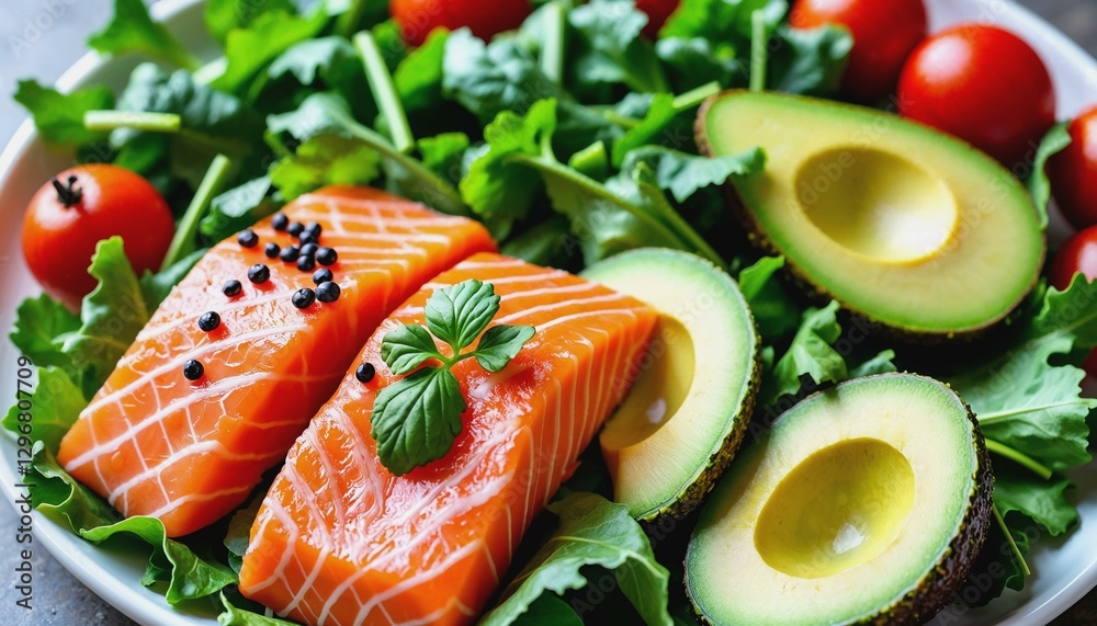 Artistic arrangement of colorful fresh produce including salmon and avocado for a nutritious theme Artistic arrangement of colorful fresh produce including salmon and avocado for a nutritious theme