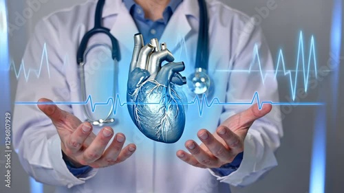 Doctor Holding 3D Model of Human Heart with Stethoscope in Hands