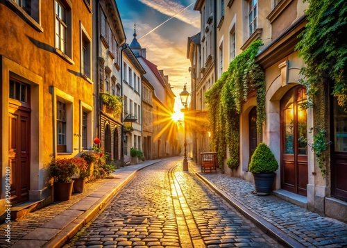 Serene Sunrise: Quiet European City Street at Dawn - Stock Photo