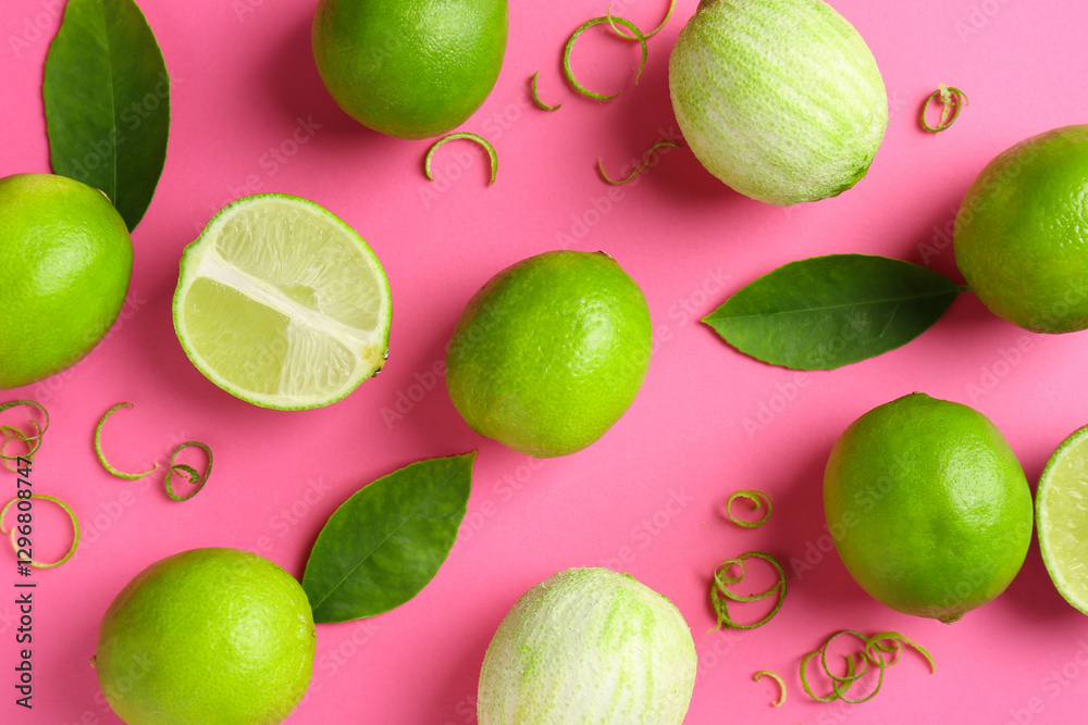 Fototapeta premium Lime zest, leaves and fresh fruits on pink background