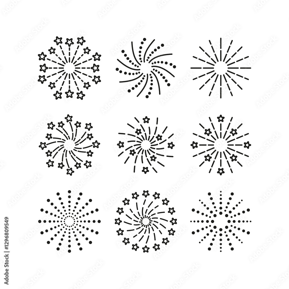 Obraz premium Outline firework icon. Line sparkle explosion. Birthday party elements isolated on white background. Set of burst stars and sparks. Happy new year shiny symbol. Vector illustration.