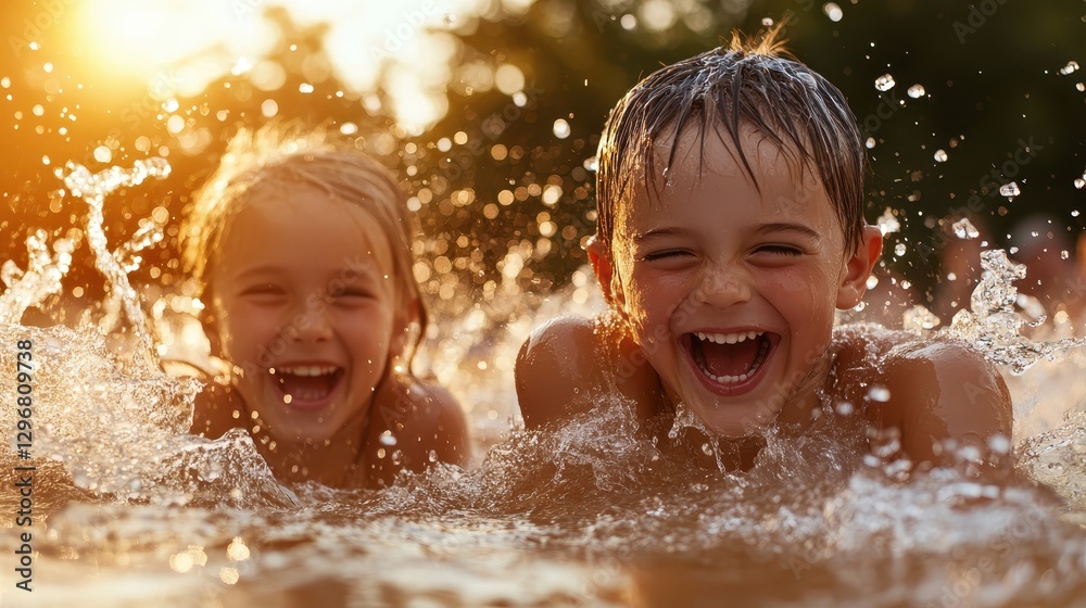 Two joyful children are splashing water and laughing in the sun, capturing the essence of carefree summer fun and the pure happiness of childhood moments by the pool. Two joyful children are splashing water and laughing in the sun, capturing the essence of carefree summer fun and the pure happiness of childhood moments by the pool.