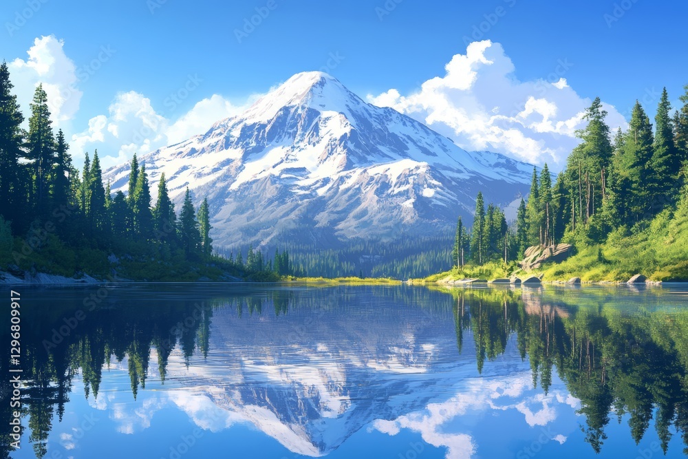 Stunning panoramic view of a tranquil alpine lake with mirror reflection of snow capped mountains Stunning panoramic view of a tranquil alpine lake with mirror reflection of snow capped mountains