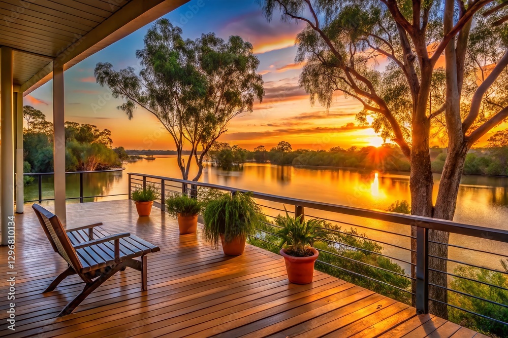 Serene Sunset: Murray River Porch, Australian Gum Trees, Peaceful Evening Serene Sunset: Murray River Porch, Australian Gum Trees, Peaceful Evening