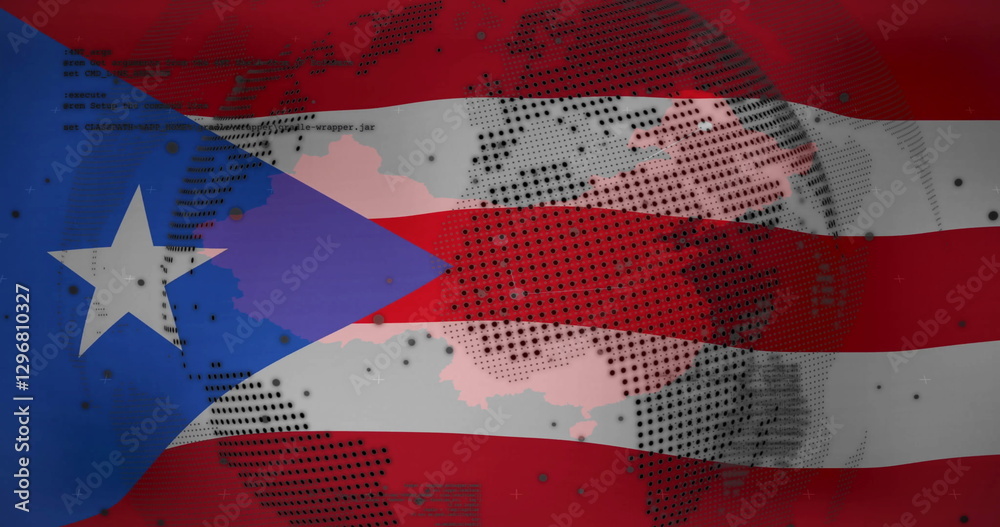 Naklejka premium Puerto Rican flag with global network image and coding text overlay
