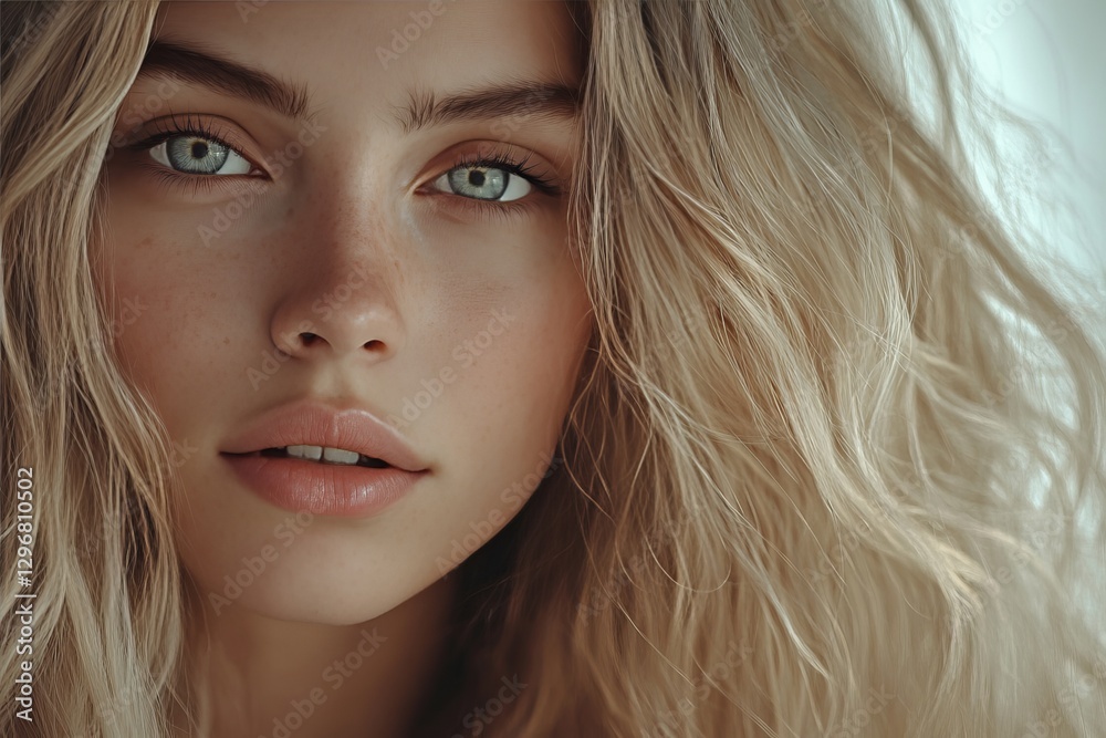 Elegant close up portrait of a young woman with flawless skin and luxurious blonde hair Elegant close up portrait of a young woman with flawless skin and luxurious blonde hair