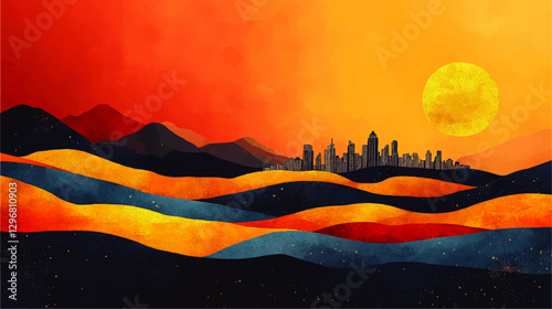 Vibrant Sunset Skyline Vector Art of City Silhouette with Colorful Mountain Landscape, Orange Sky, Yellow Sun, and Perspective View for Digital Use