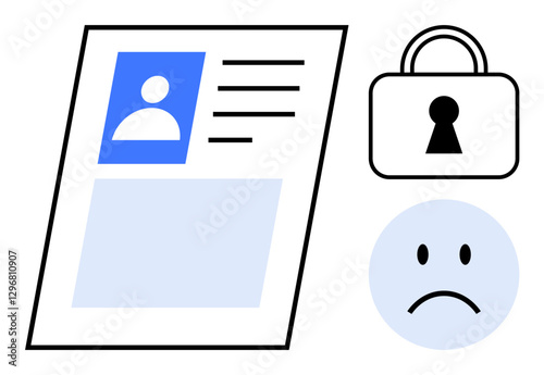 User profile document with icon, locked padlock, and sad face. Ideal for security awareness, data protection, privacy issues, cybersecurity, identity theft, online security user dissatisfaction