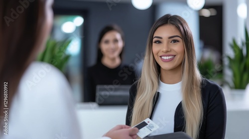 Young hispanic female smiling at bank counter receiving card service