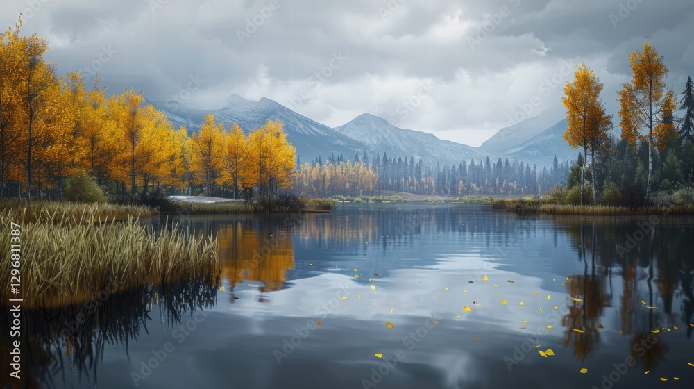 Scenic Autumn Landscape with Mountains and Reflective Lake Scenic Autumn Landscape with Mountains and Reflective Lake