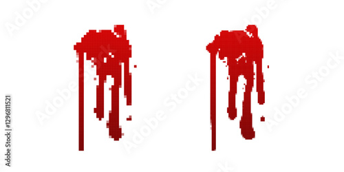 Two eerie pixel style blood splatters with long, trailing drips. The left appears more solid, while the right looks more splattered and chaotic. Ideal for horror, crime, and thriller visuals, evoking