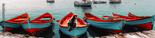 Vibrant Vector Image of Cat on Wooden Dock with Colorful Rowboats in Tranquil Bay: Captivating Coastal Scene for Artistic Décor and Design Inspiration