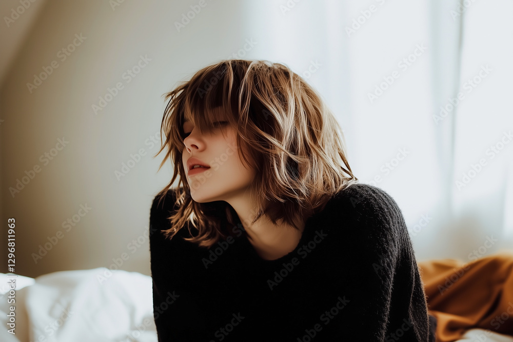 A woman with short brown hair is sitting on a bed in a room