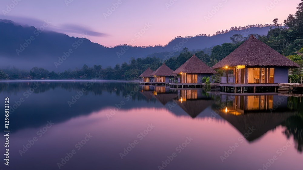 Fototapeta premium Charming Lakeside Cabins at Sunrise