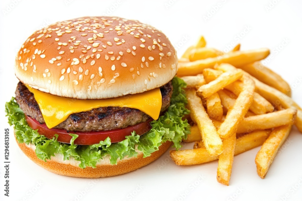 A delicious hamburger with crispy french fries on a clean white background A delicious hamburger with crispy french fries on a clean white background