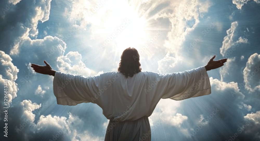 Vision of a figure with outstretched arms against a radiant sky filled with clouds and sunlight Vision of a figure with outstretched arms against a radiant sky filled with clouds and sunlight