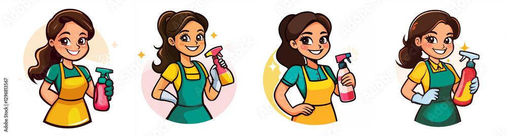 Set of cleaning woman. Cartoon character of a woman with an apron on spraying cleaning products. Set of cleaning woman. Cartoon character of a woman with an apron on spraying cleaning products.
