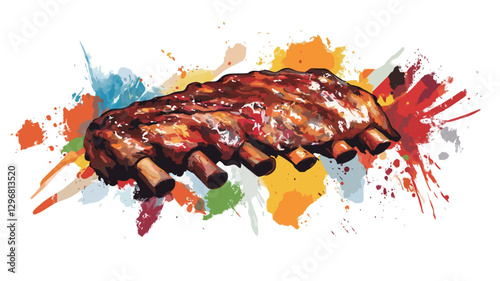 A digital illustration of a rack of barbecue ribs rendered in a realistic style, presented against a backdrop of vibrant, colorful paint splatters. The ribs are depicted with a glossy, glistening