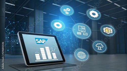 A digital tablet displaying SAP analytics amid futuristic interface icons symbolizing data management and technology in a professional setting.