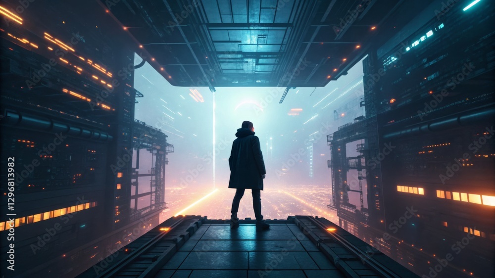 A figure stands in a futuristic, illuminated corridor within a high-tech environment, surrounded by glowing structures and atmospheric fog. A figure stands in a futuristic, illuminated corridor within a high-tech environment, surrounded by glowing structures and atmospheric fog.