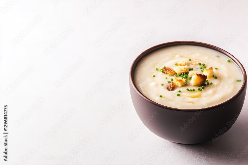 Creamy soup served in dark bowl, garnished with herbs and bread Creamy soup served in dark bowl, garnished with herbs and bread