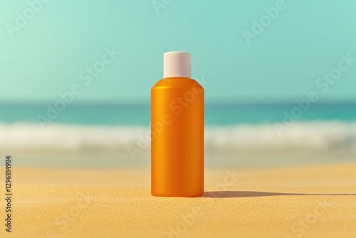 Bright orange bottle stands on sandy beach with serene ocean bac