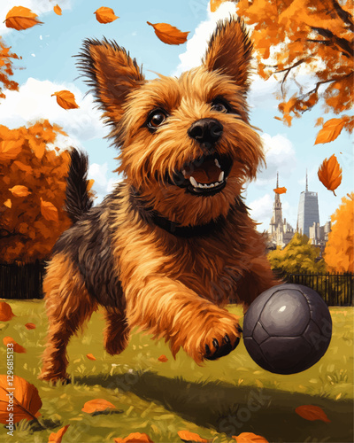 Joyful Terrier Playing with Ball in Autumn Park - Discover the Charm of Fall Adventure with a Happy Dog Amidst Falling Leaves and Iconic City Skyline