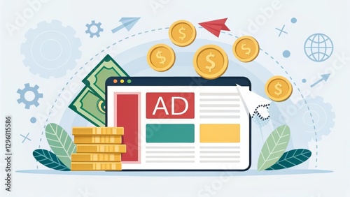 A digital advertisement concept featuring currency, coins, and a webpage with the word 