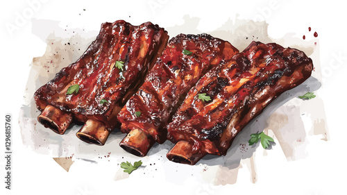 Close-up, high-angle photograph of three grilled pork ribs. The ribs are dark reddish-brown, glistening, and appear tender and juicy. They are arranged on a crumpled white surface, which suggests