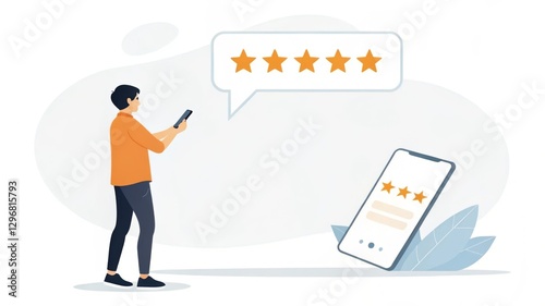 A person reviews a product on their smartphone while a ratings interface appears, showcasing five stars, indicating satisfaction.