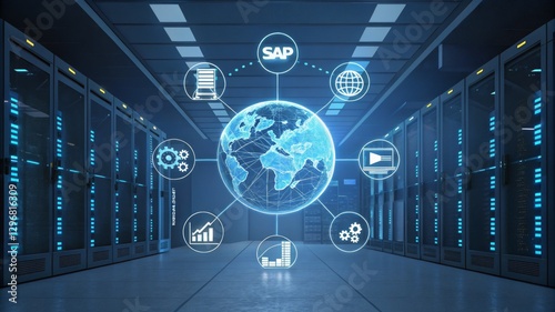 A futuristic server room with a digital globe and various icons representing data management and global connectivity.