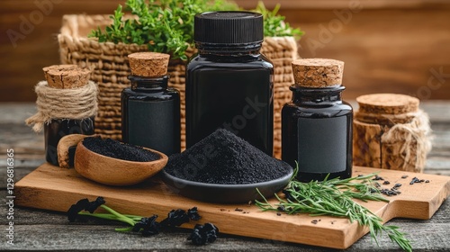 Assorted organic detox products, including charcoal powder and cleansing teas.