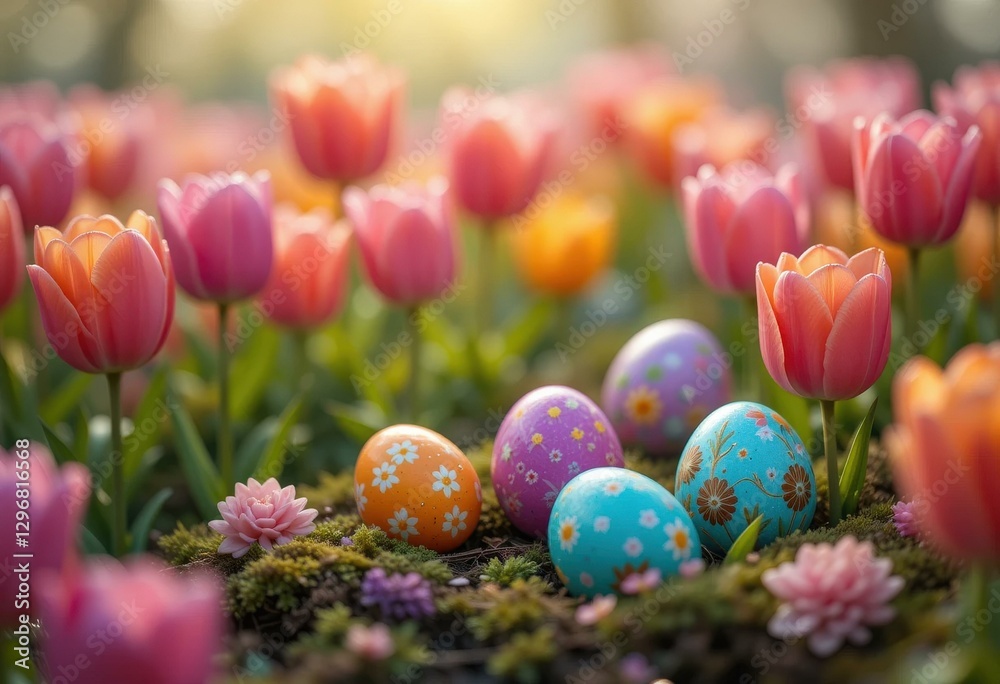 Colorful Easter Eggs Nestled Vibrant Pink Tulips Blooming Spring Garden - Easter Marketing Celebration Materials Colorful Easter Eggs Nestled Vibrant Pink Tulips Blooming Spring Garden - Easter Marketing Celebration Materials