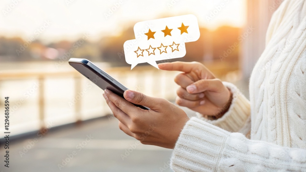 A person in a sweater interacts with a smartphone, displaying ratings and feedback in a sunny outdoor setting. A person in a sweater interacts with a smartphone, displaying ratings and feedback in a sunny outdoor setting.