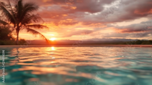 A breathtaking sunset over a sparkling pool, enhanced by exquisite reflections and silhouetted palm trees, invoking a sense of calmness and natural beauty.