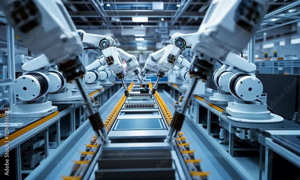 Automated Industrial Assembly Line with Robotic Arms Automated Industrial Assembly Line with Robotic Arms