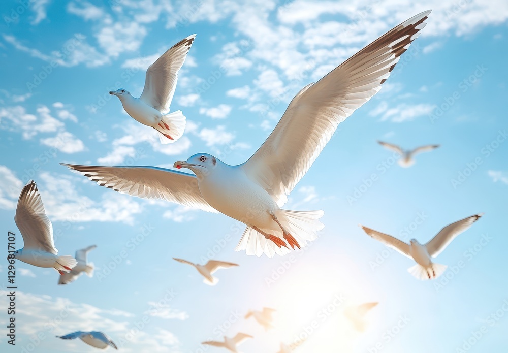 Obraz premium Magnificent Seagulls Soaring Gracefully in Clear Blue Sky with Soft Clouds and Warm Sunlight Illuminating Their Feathers During a Vibrant Day