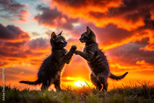 Silhouetted Black Kittens Playing at Sunset - Adorable Feline Friends