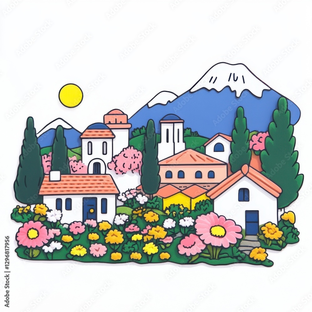 Fototapeta premium Charming Village Landscape with Colorful Flowers and Majestic Mountains Under a Bright Sun