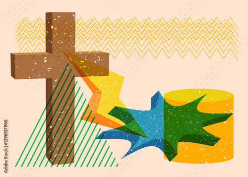 Risograph Religion cross, Crucifix with speech bubble with geometric shapes. Objects in trendy riso graph print texture style design with geometry elements.