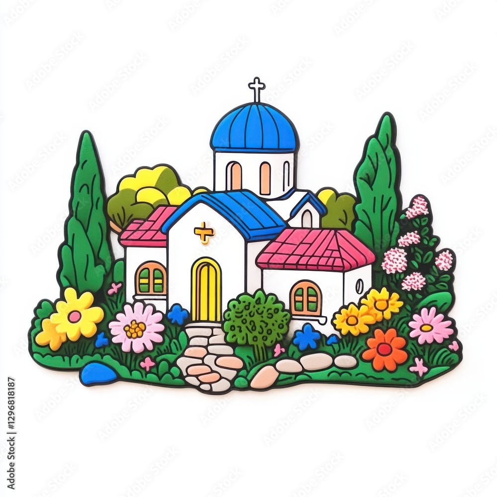 Fototapeta premium Colorful and Charming Illustration of a Greek Church Surrounded by Lush Greenery and Bright Flowers