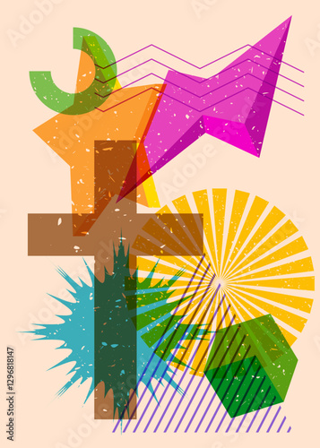 Risograph Religion cross, Crucifix with speech bubble with geometric shapes. Objects in trendy riso graph print texture style design with geometry elements.