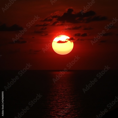 Ocean sunset, red sky, calm sea